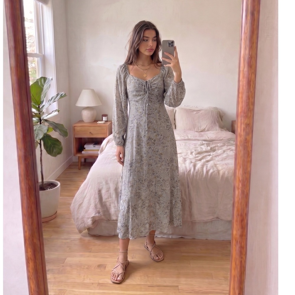 Cottage Boho Floral Midi Dress Small Long Sleeve Gray Floral Smocked Prairie